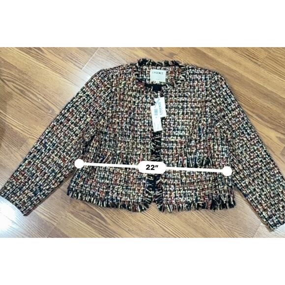 L'AGENCE Angelina Gold black Tweed Plaid Jacket fringe trim size 18 - Picture 4 of 16